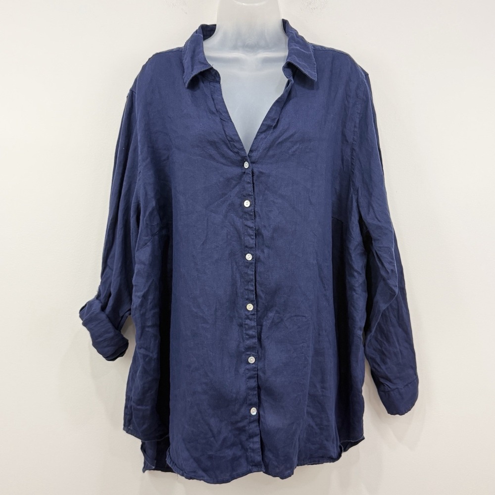Sigrid Olsen 100% Linen Top 3X Navy Roll Tab Coastal Lagenlook Button Up Tunic